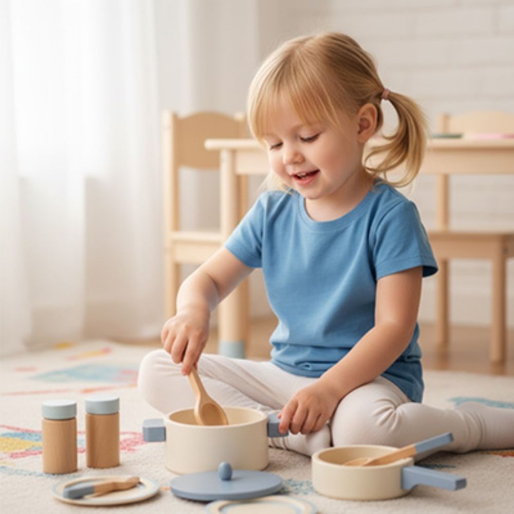 une jeune fille fait de la bonne soupe imaginaire dans ses casseroles de sa dinette en bois re^cu en cadeau de Noël