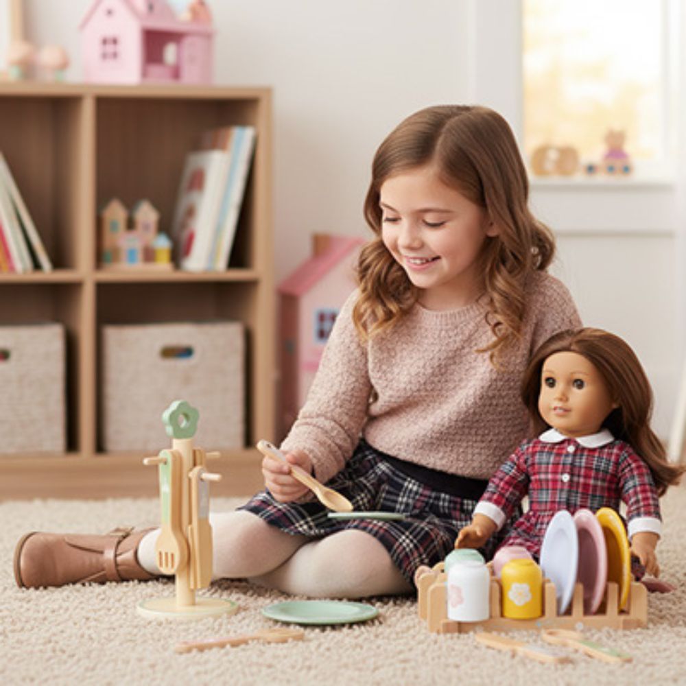une fillette et sa poupée pique nique avec la dinette en bois complete en vaisselles et ustensiles scupltés dans le bois