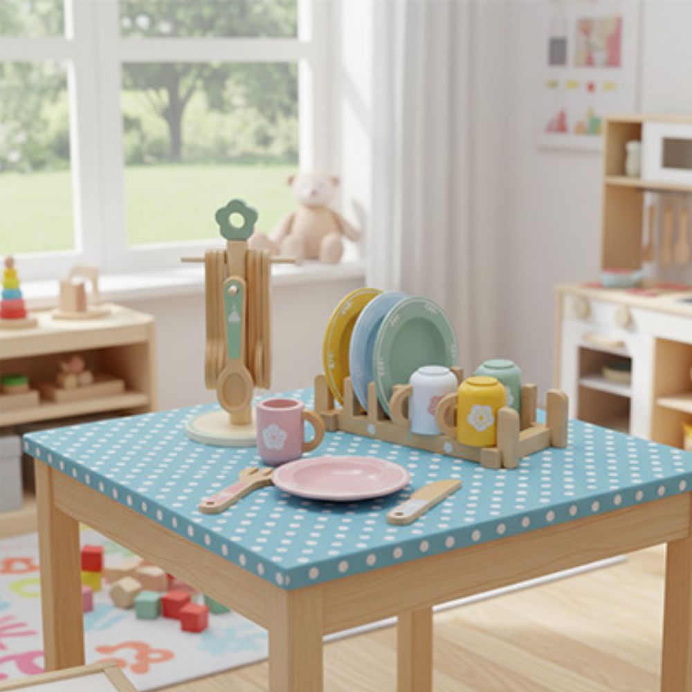 jeu de dinette en bois, vaisselle sculptée dans le bois mignonne et durable