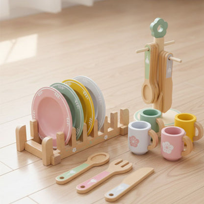 kit de dinette en bois 4 assiettes, 4 couverts, égoutoire et support a ustensiles en bois