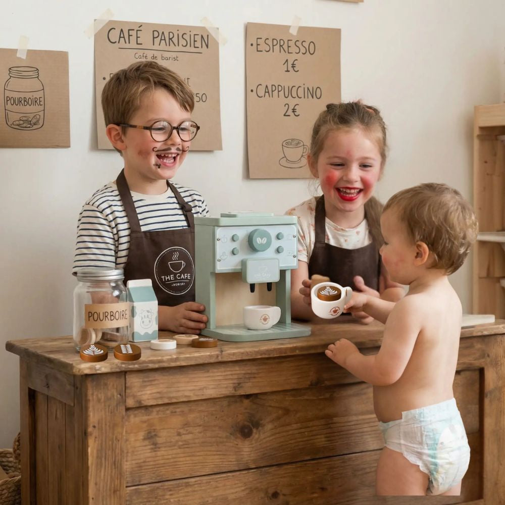 3 enfants jouent à faire semblant, service client café Parisien avec la machine à café en bois pour dinette en bois et cuisine enfant.