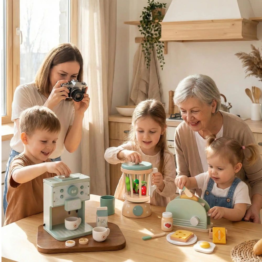 une famille de 3 enfant avec la grand-mère et la mère s'amusent avec les jeux d'imitation de dinette en bois