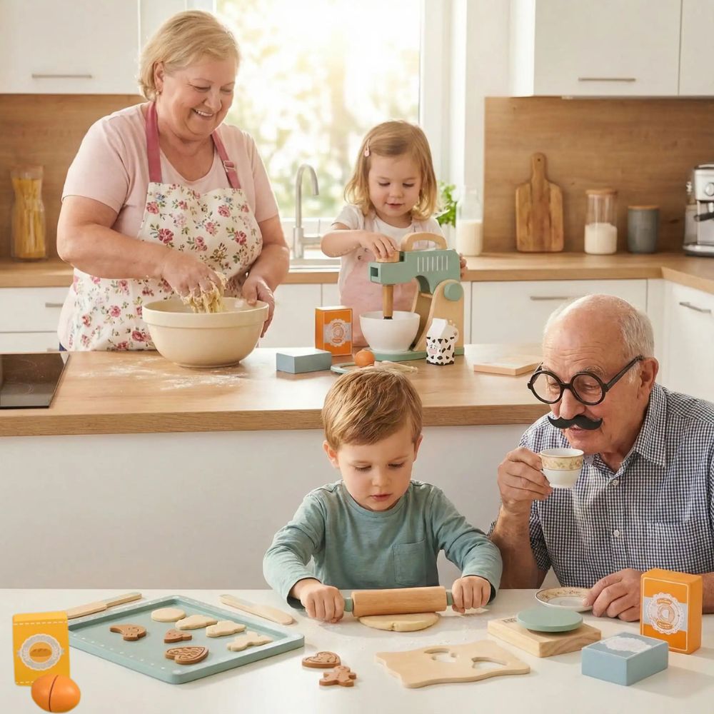 une grand-mère et un grand-papa  cuisine avec jouet enfant dinette en bois malaxeur et pâte et biscuits ensemble à PÂTISSERIE JOUET BOIS