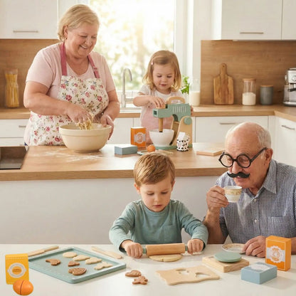 une grand-mère et un grand-papa  cuisine avec jouet enfant dinette en bois malaxeur et pâte et biscuits ensemble à PÂTISSERIE JOUET BOIS