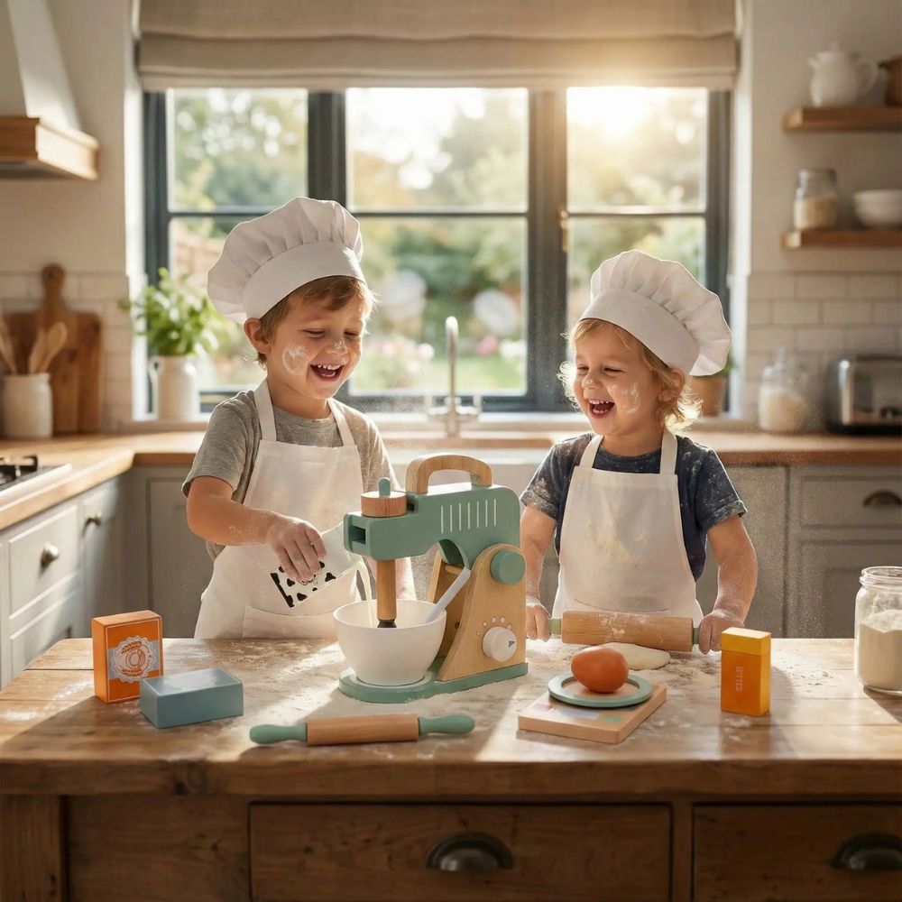 jeu pour la cuisine enfant:2 enfants jouent avec leur malaxeur en bois de la dînette bois 