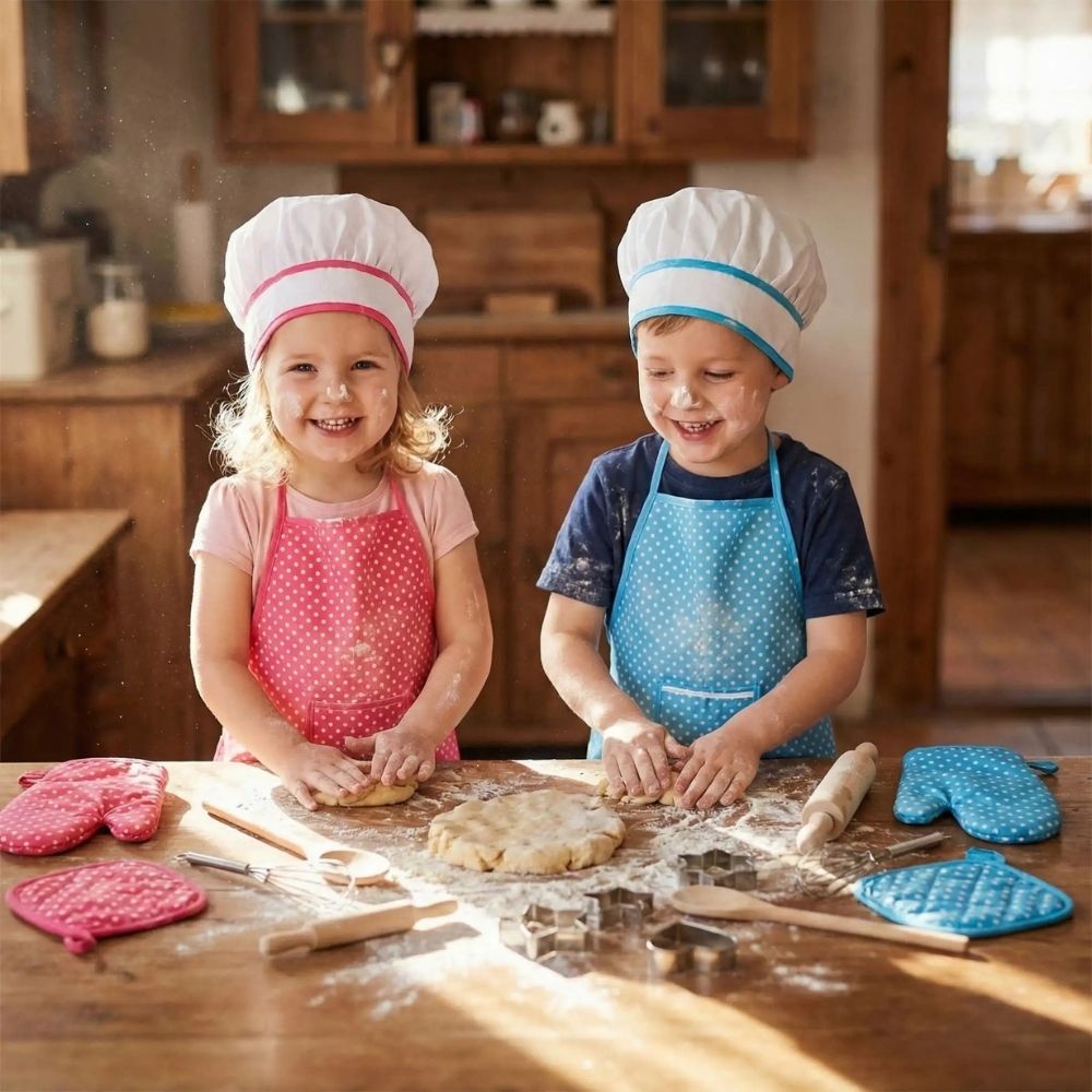 2 enfant mignons portent leur TABLIER CUISINE ENFANT elle rose et lui bleu tout en pétrissant la pâte à biscuit