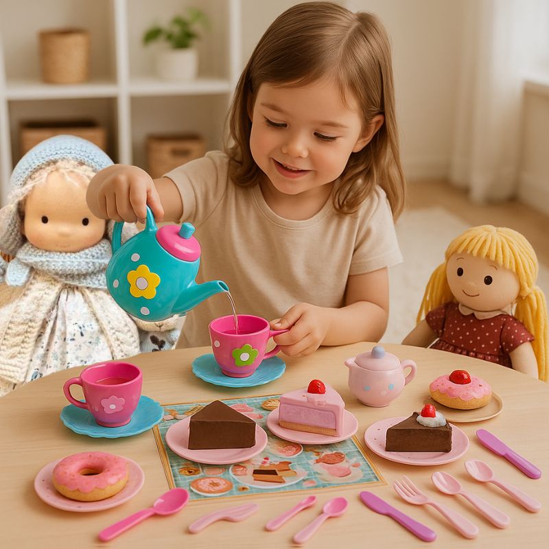 fillette joue avec ses poupée et sa dinette enfant de service de thé miniature et mignon