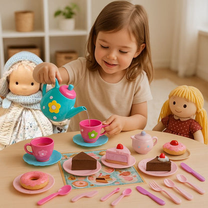 fillette joue avec ses poupée et sa dinette enfant de service de thé miniature et mignon