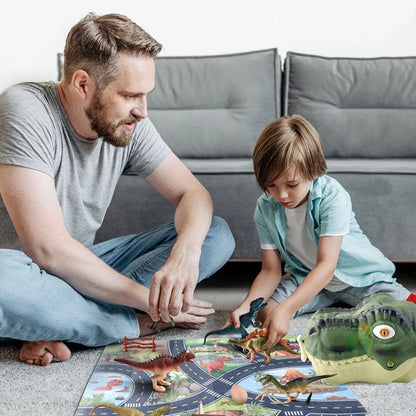 un père joue au dinosaure jouet avec son fils