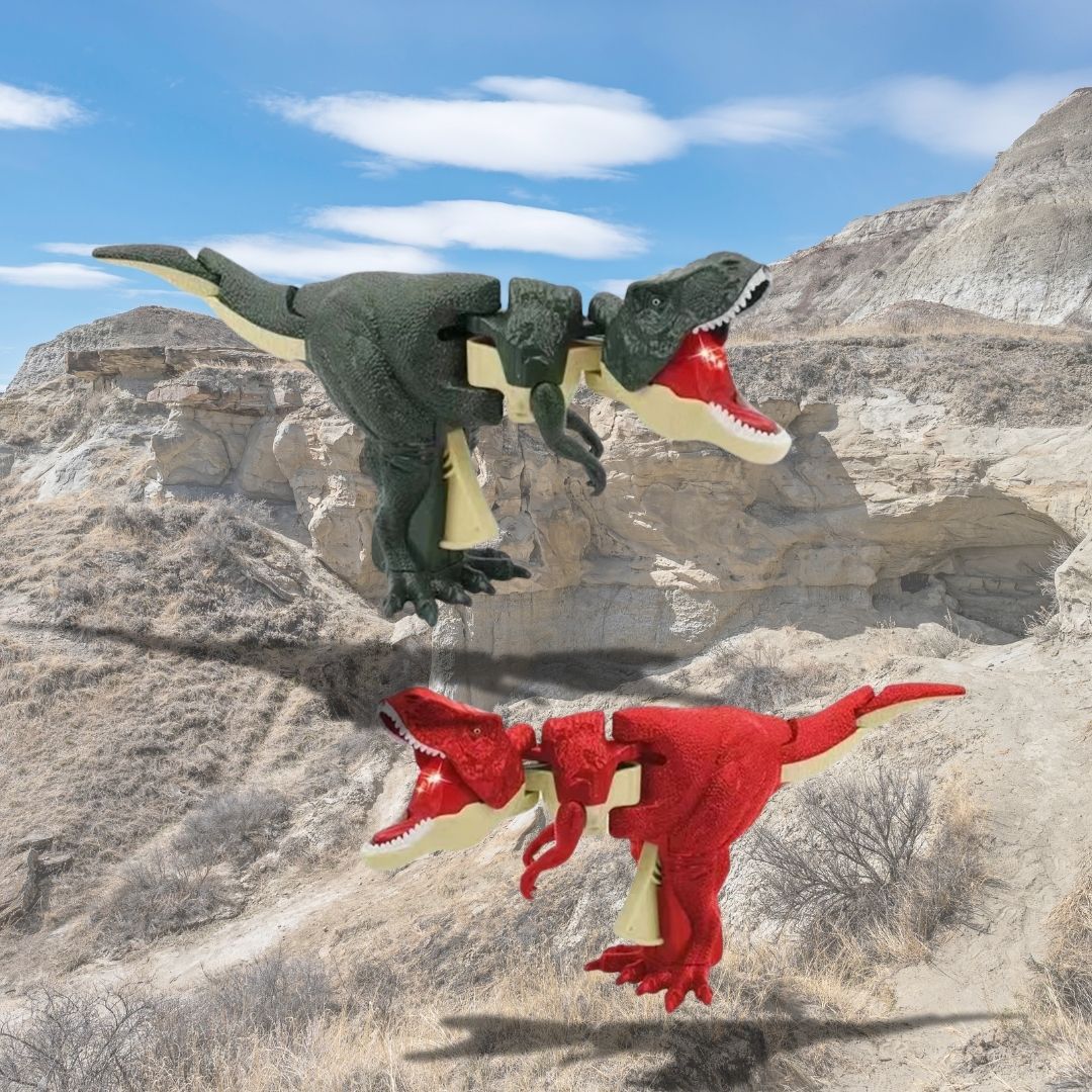 dinosaure jouet pour enfant en plastique vert ou rouge avec lumière dans la gueuleet mobilité de la queue, des pattes et de la tête