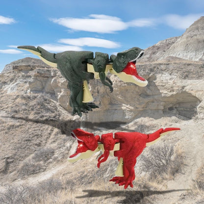 dinosaure jouet pour enfant en plastique vert ou rouge avec lumière dans la gueuleet mobilité de la queue, des pattes et de la tête