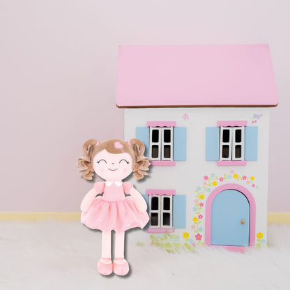 joli doudou fille la poupée de chiffon bébé a robe rose et cheveux tssus bouclé