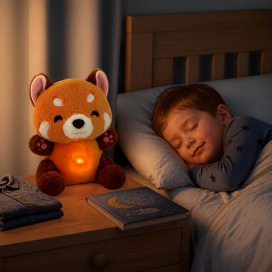 un garçon bien endormi paisiblement grâce à son doudou qui respire panda roux lumineux