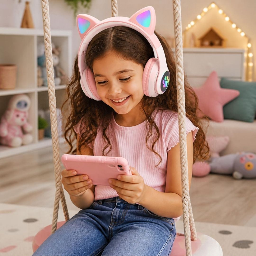 écouteur sans fil rose avec oreilles de chat Led versatile avec fil ou blue tooth au choix
