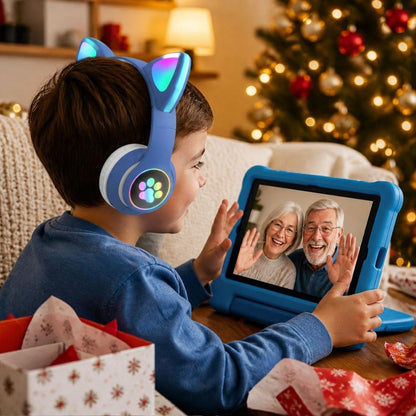 écouteur sans fil bleu avec oreilles de chat Led versatile avec fil ou blue tooth au choix, micro intégré