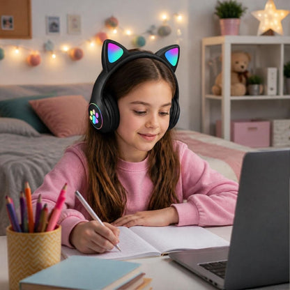 écouteur sans fil NOIR avec oreilles de chat Led versatile avec fil ou blue tooth au choix