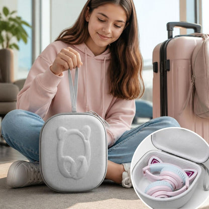 étui pour écouteurs sans fil gris  modèle avec 2 oreilles de chat LED pour enfant  transport sécurisé 