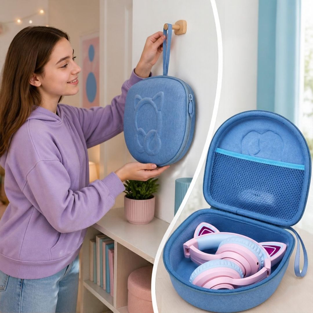 étui pour écouteurs bleu casque audio avec oreilles de chat pour enfant solide, rangement, organisation bleu