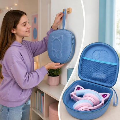 étui pour écouteurs bleu casque audio avec oreilles de chat pour enfant solide, rangement, organisation bleu