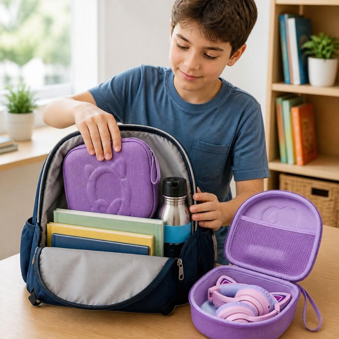 étui pour écouteurs sans fil avec oreilles de chat pour enfant solide, rangement, organisation mauve