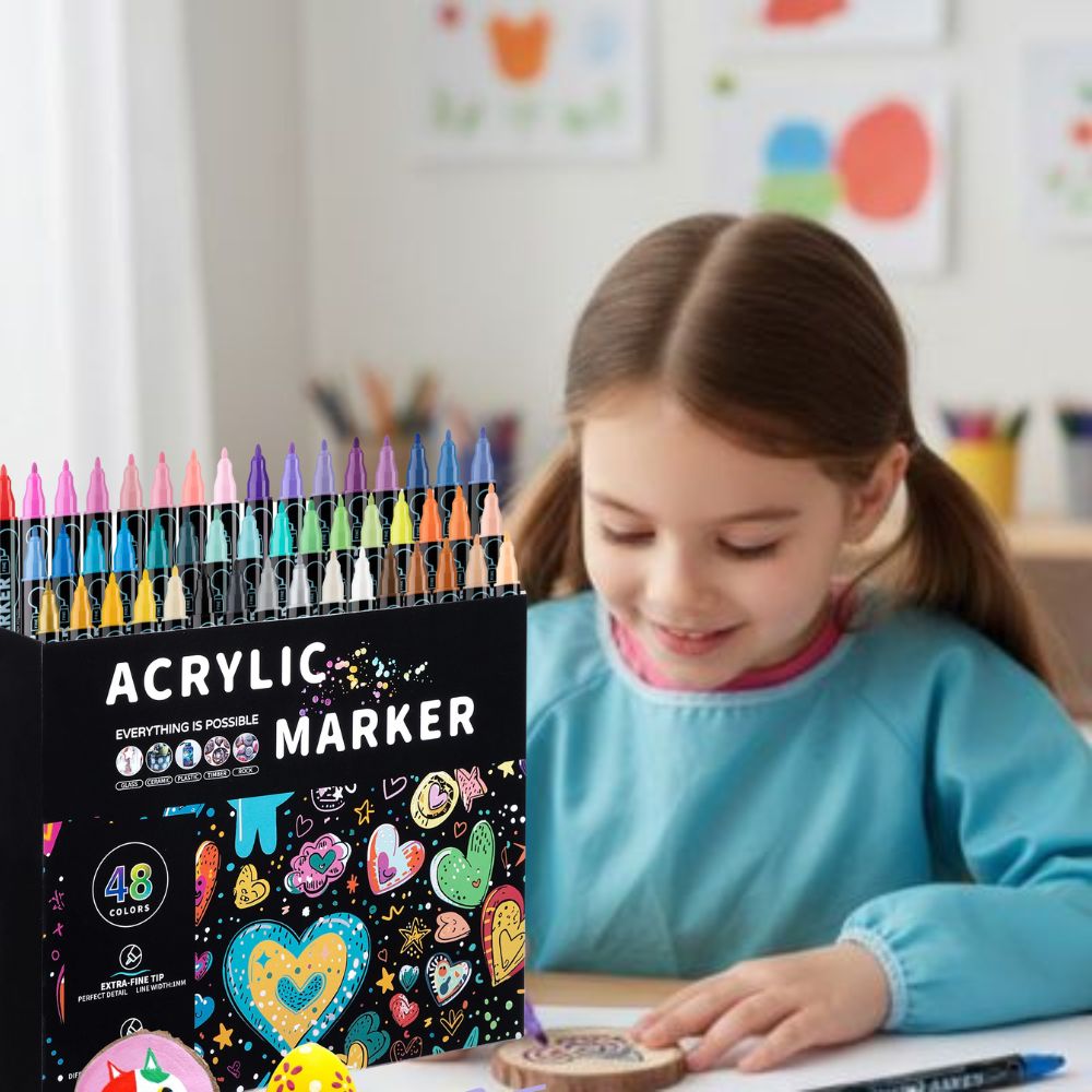 une jeune fille de 9 ans peint calment dans un moment de détente grace a ses 48 crayons de peinture feutre acrylique qu elle a reçu de sa grand-mère à Noël