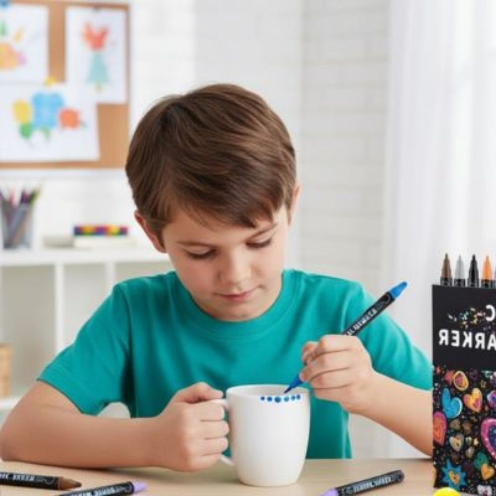 un garçon décore une tasse en céramique avec ses crayon feutre acrylique . Il la personnifie pour offrir en cadeau à sa mère pour la fête des mères