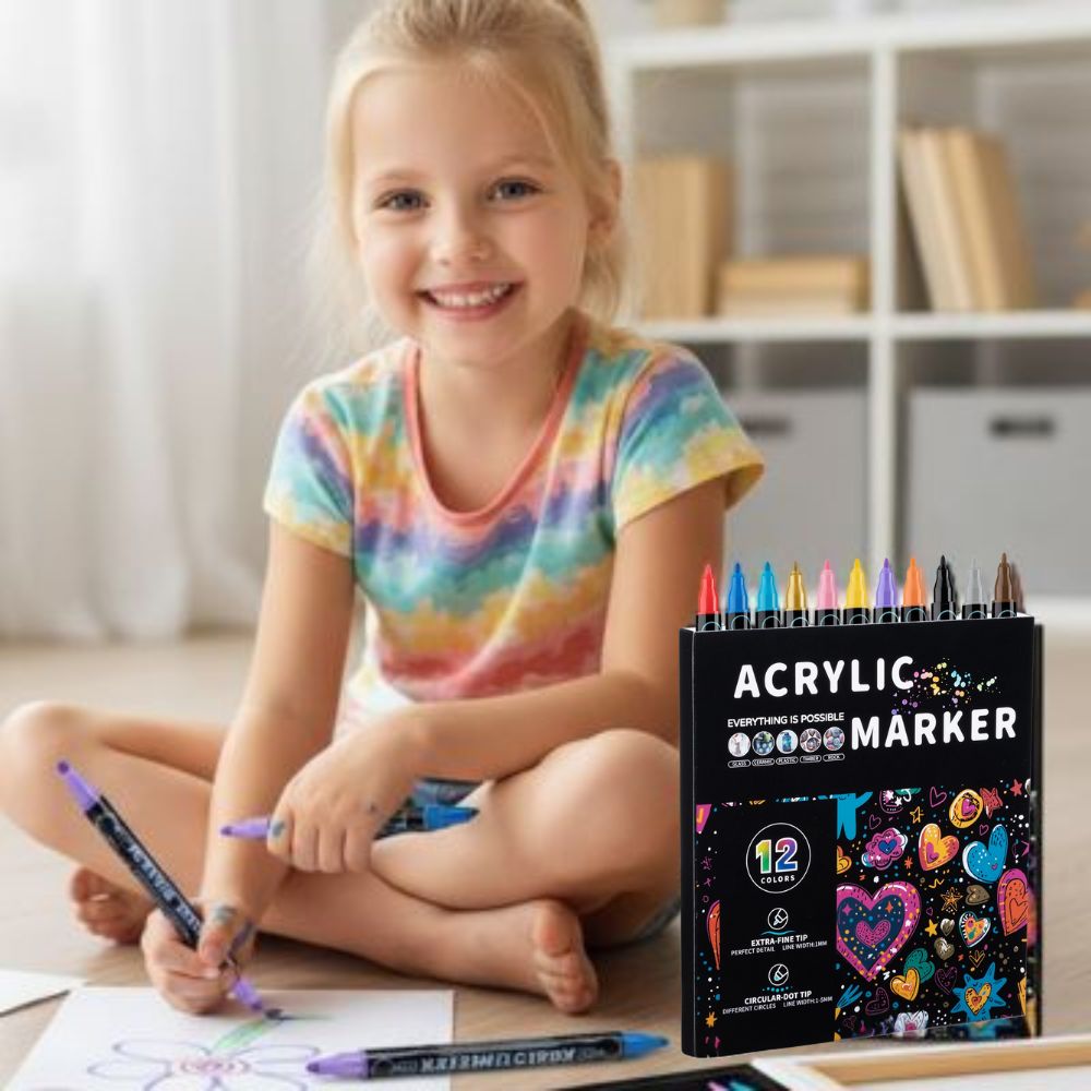 jolie jeune fille blonde de 6 ans utilise sa boite de 12 feutre acryliques pour dessiner et créer