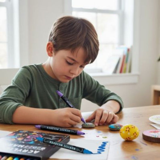 un garçon de 8 ans peint des galet qu il a ramasser près de la rivière il se détend  avec ses crayon feutre acrylique