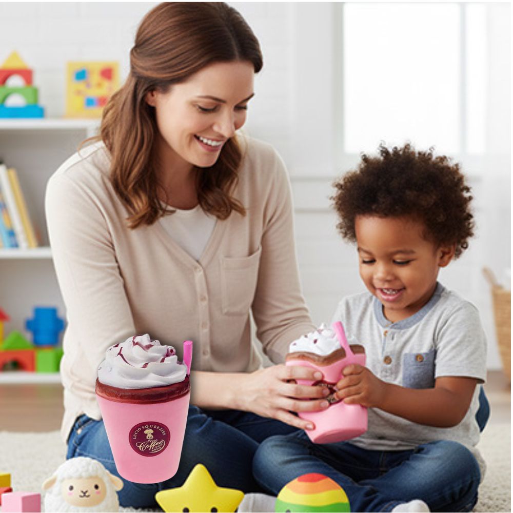 un gamin découvre son nouveau fidget toys à presser en forme de Milk Shake