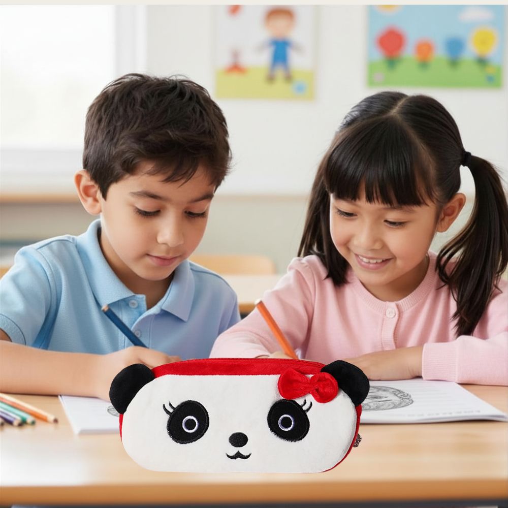 fourniture scolaire kawaii trousse en tissus  panda avec boucle rouge et yeux de filles