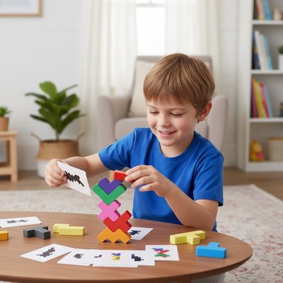 garçon relève le défi du Tangram Montessori Jeu d adresse blocs à surmonter
