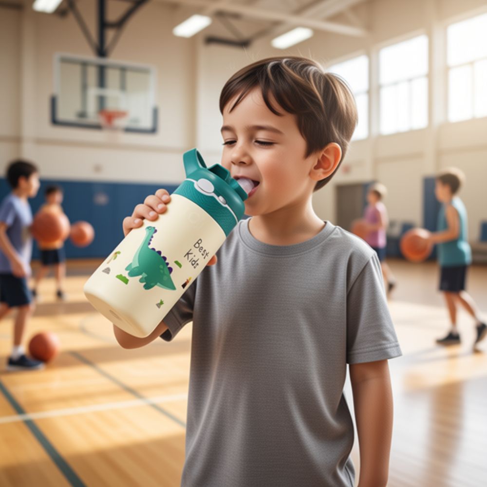 Au Gym,un garçon bois de l'eau dans sa Gourde enfant Isotherme 