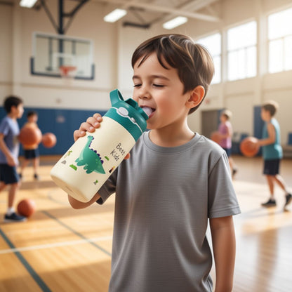 Au Gym,un garçon bois de l'eau dans sa Gourde enfant Isotherme 