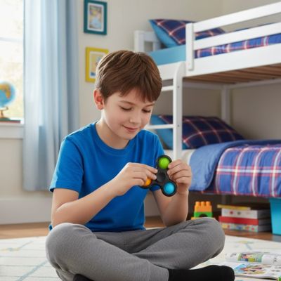 un garçon étudie dans sa chambre avec son hand spinner pop it pour sa concentration