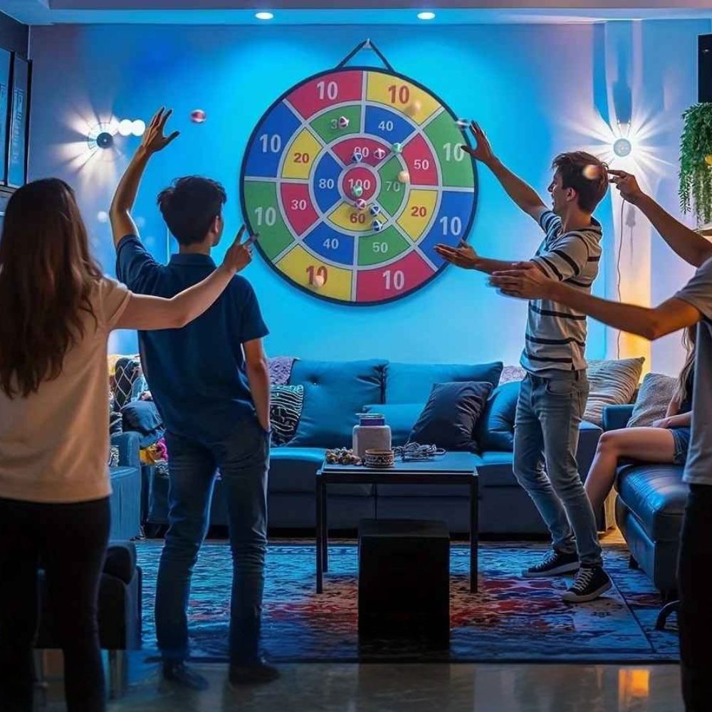 les adolescents se défient au jeu de fléchettes dans le salon sans ouvrir leur smart phone