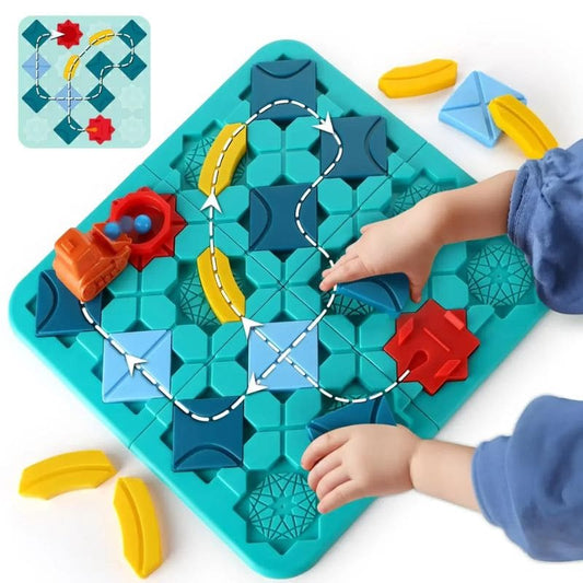 un jeune enfant construit des routes avec un jeu de logique rigolo