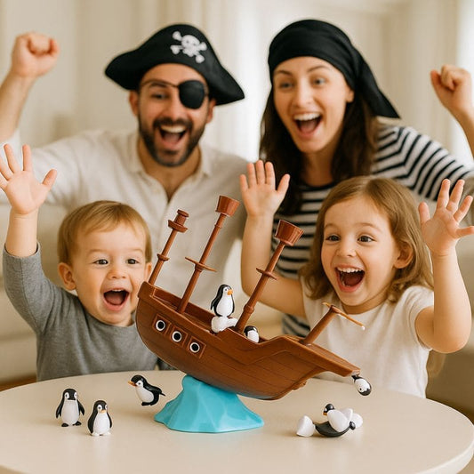 une famille jouent ensemble au jeu de société 3 ans du Bateau Pirate rempli de pingouin en équilibre