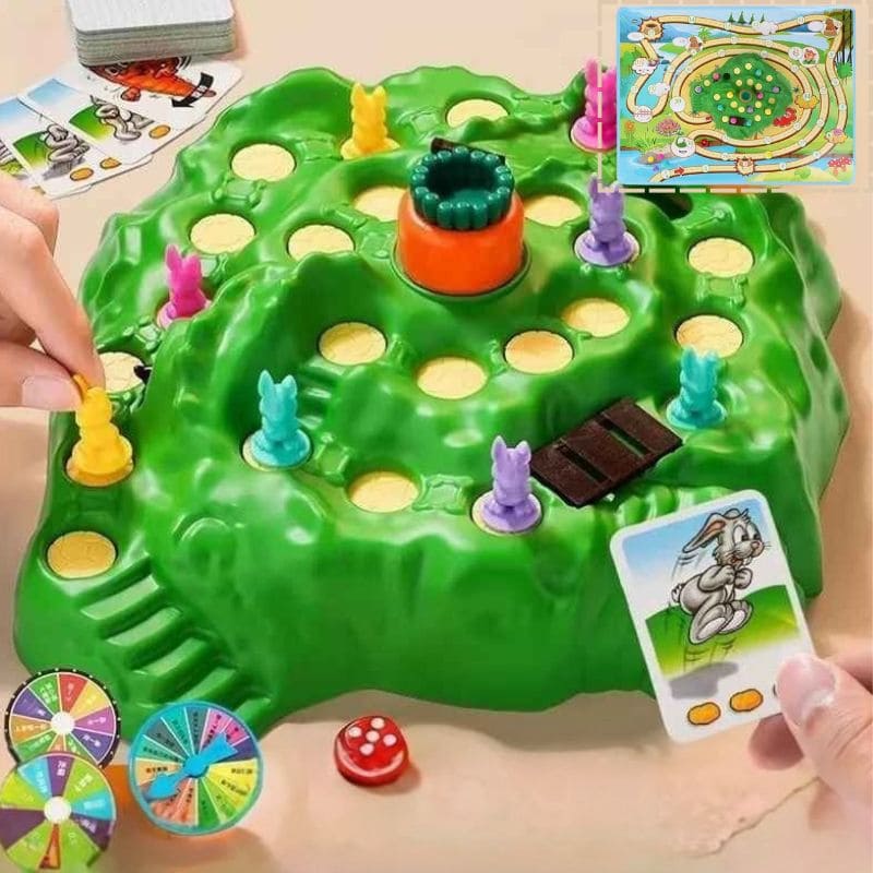 une jeu de société enfant de 3 ans des lapins et une grosse carotte, un dé, des cartes