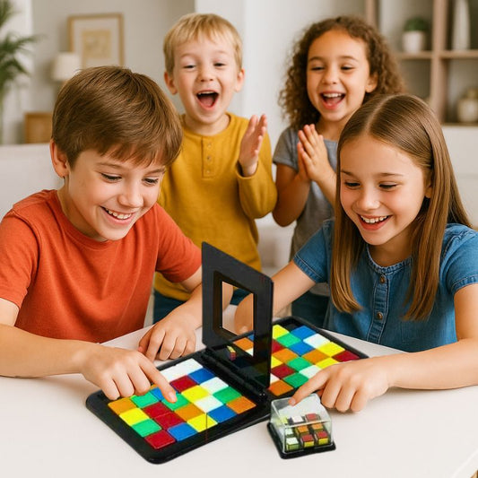des enfants font compétition e duel de jeu de société à 2 de carrés magiques à 2 joueurs de 5 ans et plus. Jeu solitaire et de patience inclus