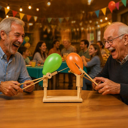un duel grand-Père et fils dans un jeu de société à 2 Escrime Balloune qui chauffe l'ambiance de la fête 