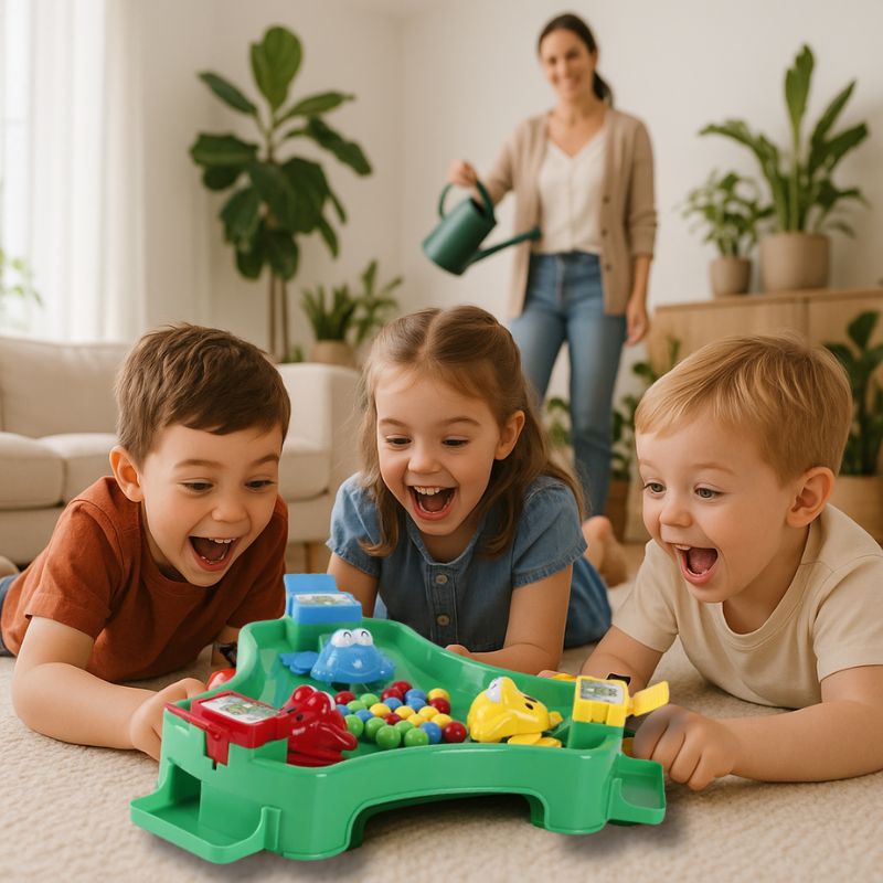 3 enfants jouent au sol au je de société 4 ans de la grenouille gourmande à 3 grenouilles 