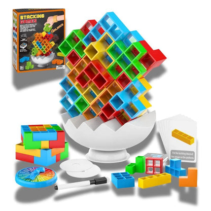 présentation du contenu de la boîte du jeu de société enfant de 70 blocs avec base large