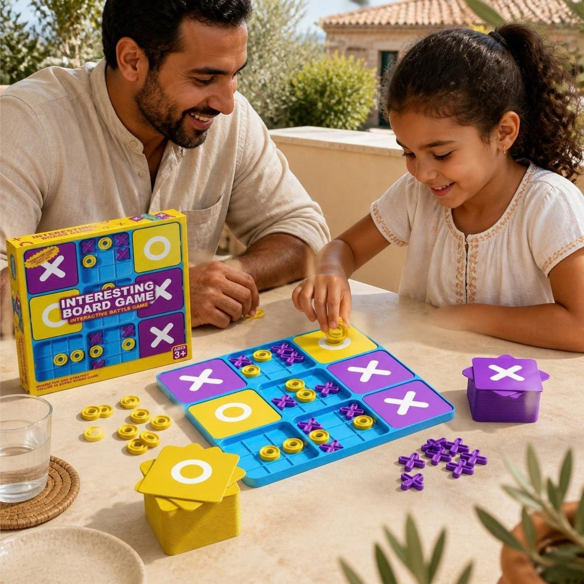 une fillette   joue avec son oncle au jeu de société famille tic-tac-toe 9 cases