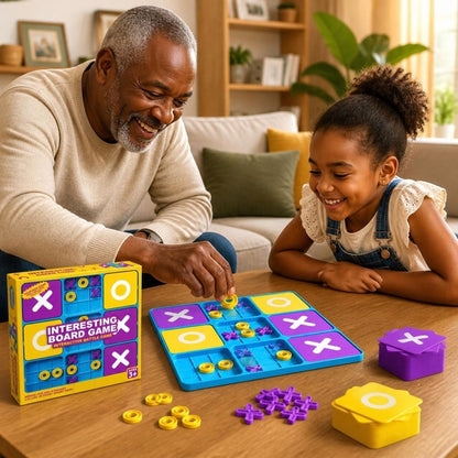 un père joue avec sa fille au jeu de societe famille tic-tac-toe 9 cases