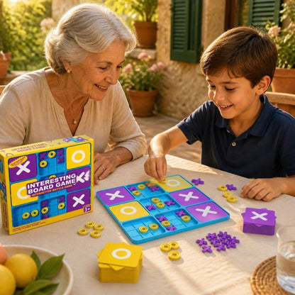 une grand-maman   joue avec sonpetit fils au jeu de société famille tic-tac-toe  à 9 cases de départ le tic tac pro
