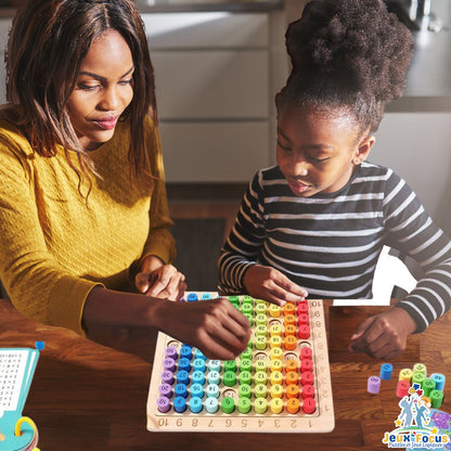 une mère joue avec sa fille de 8ans au je de tables de multiplication mathématique pour améliorer ses compétences  mathématiques