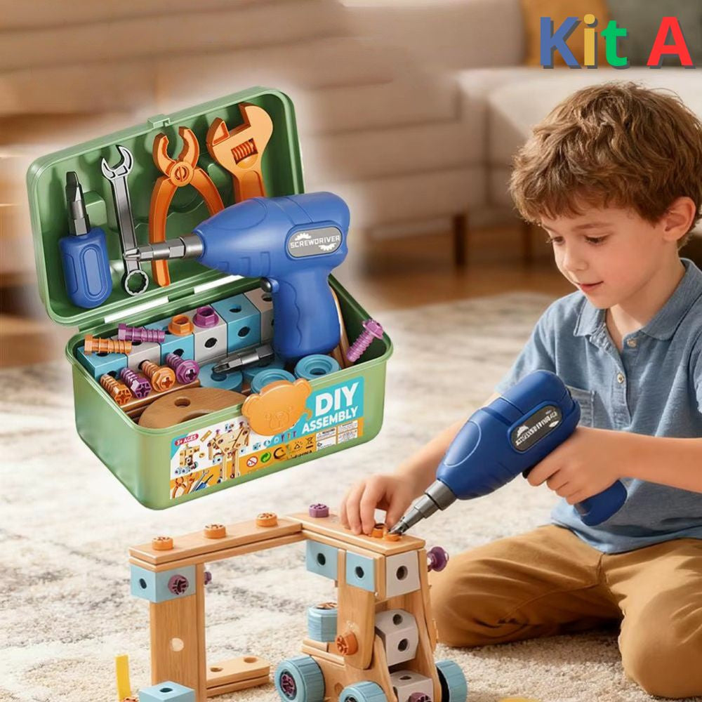 jeux de construction format 144 pièces avec coffre à outil de menuisier et plan de montage 3-5+ans 