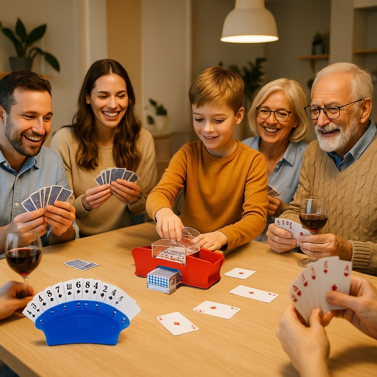 selon la tradition de noel la famille se réunit pour jouer aux cartes  avec le mélangeur de carte et 2 paquets de 52 cartes à jouer