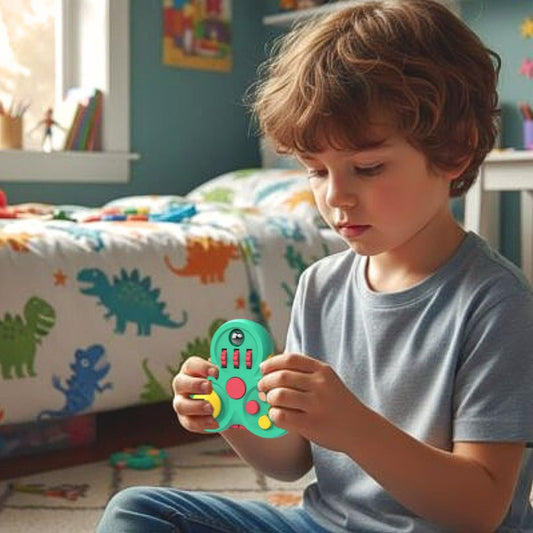 garcon concentré à calmer ses émotions avec son jouet antis tress fidget toys spinner bleu