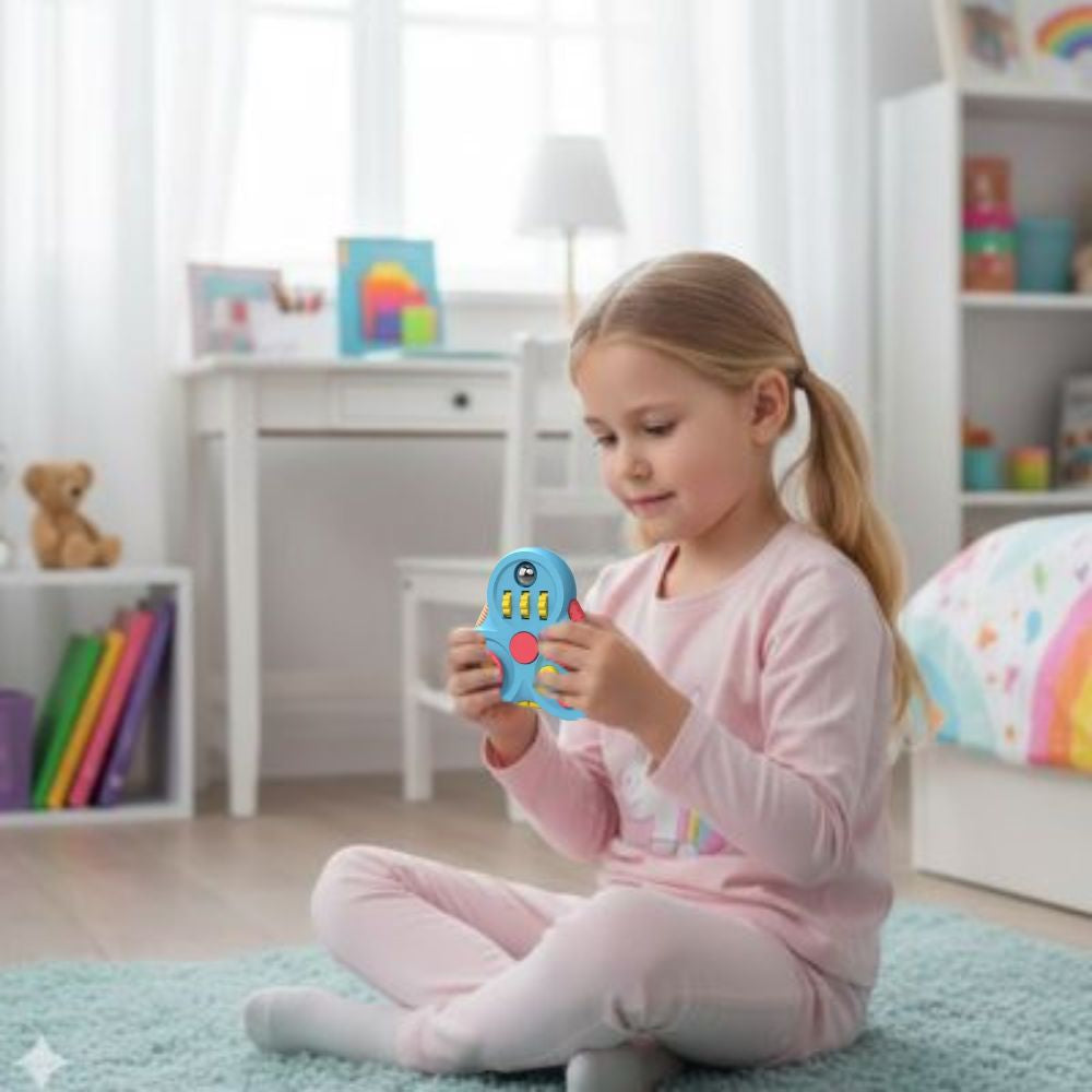 fille étudiant avec concentration son jouet anti stress bleu le fidget toye en forme de fève avec boutons multiples